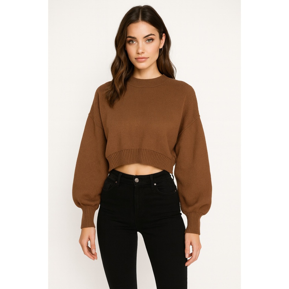 Qinsen Sweater Womens S‎ Brown Balloon Sleeve Oversized Cropped Cozy Ribbed Knit